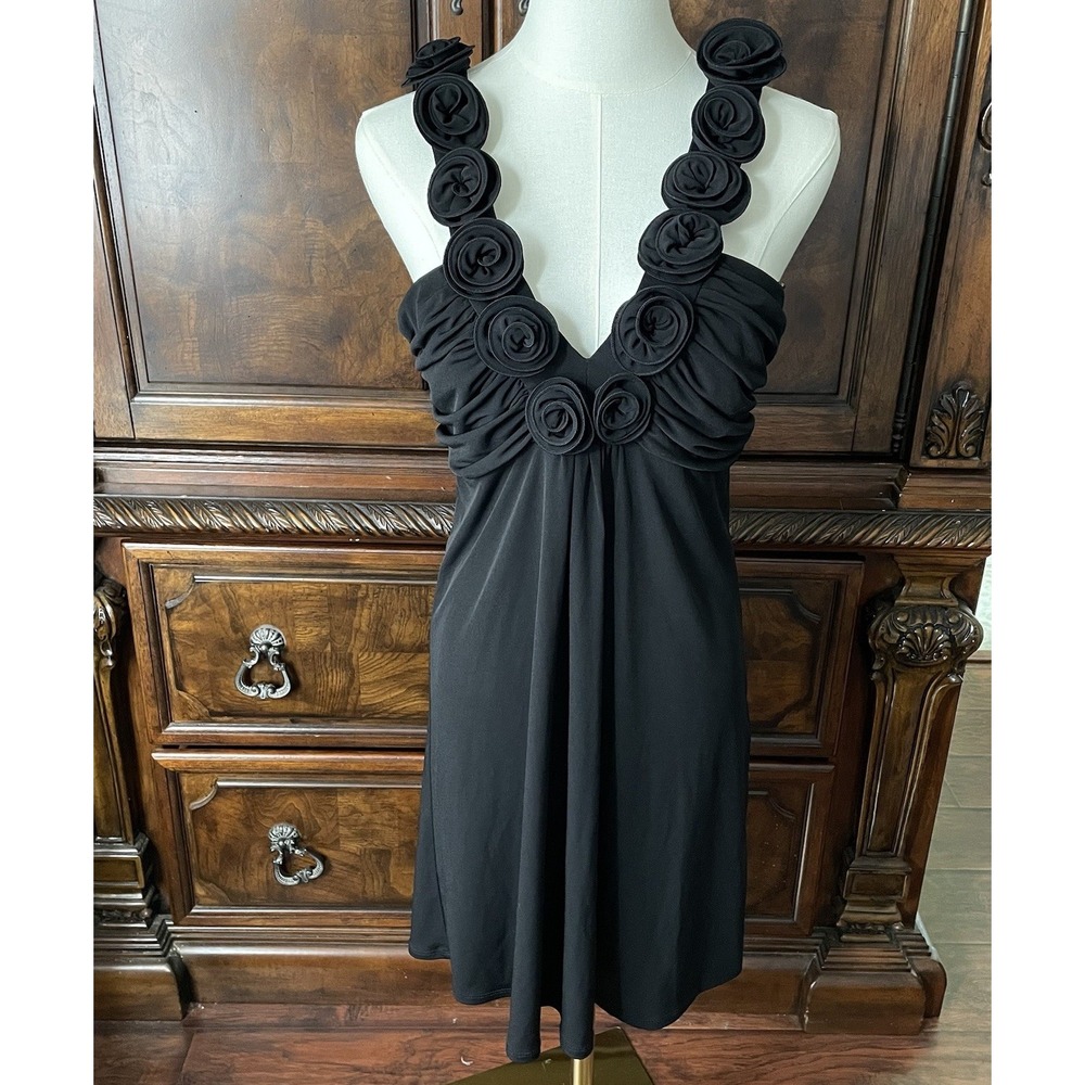 Laundry by Design Black Rosette Halter Cocktail Dress Size 6 Floral LBD Party